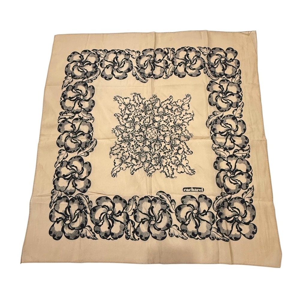 Cacharel Silk Scarf Tan with Black Floral Woodcut Print Vintage Rolled Hem 26"